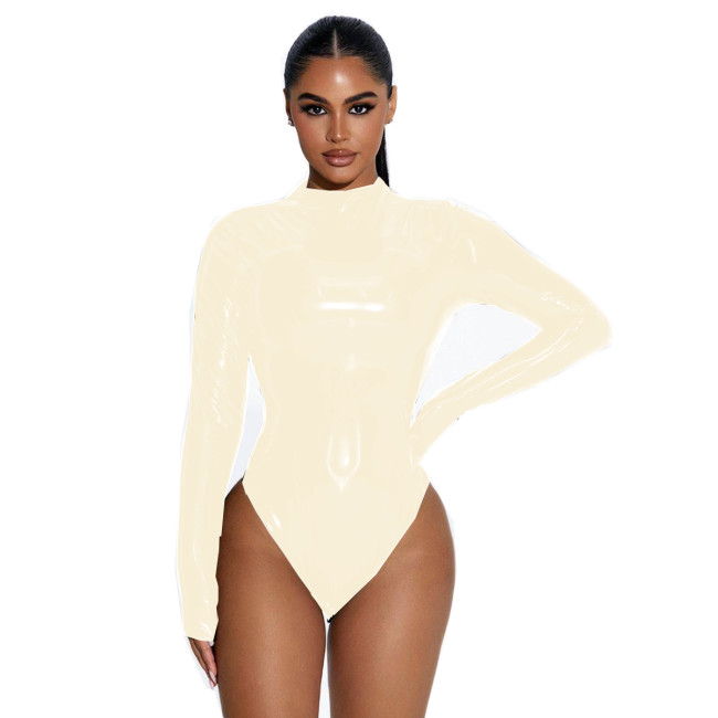 Sissy Sexy Shiny PVC Long Sleeve Leotard Bodysuit Turtleneck Slim Playsuits Costumes Cosplay Faux Latex Fetish Party Club S-7XL