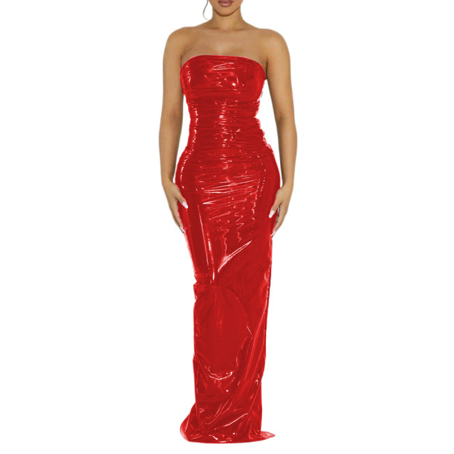 Vintage Sexy Glossy PVC Women Strapless Sleeveless Leotard Bodycon Maxi Dresses Slim Back Split Floor Length Dress Elegant S-7XL
