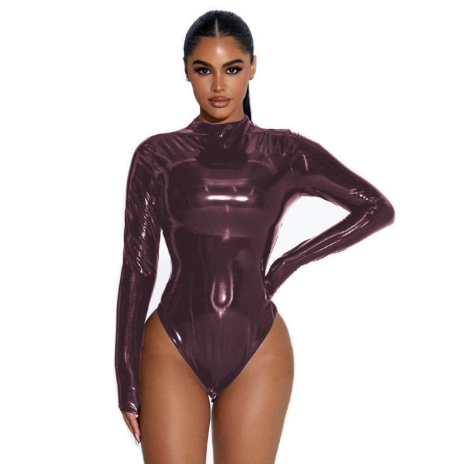 Sissy Sexy Shiny PVC Long Sleeve Leotard Bodysuit Turtleneck Slim Playsuits Costumes Cosplay Faux Latex Fetish Party Club S-7XL