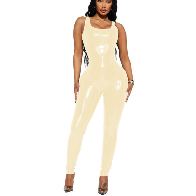 Sexy Glossy PVC Leather Laser Black Tank Sleeveless Catsuits Scoop Neck Slim Jumpsuits Party Club Costumes Unisex Fetish S-7XL