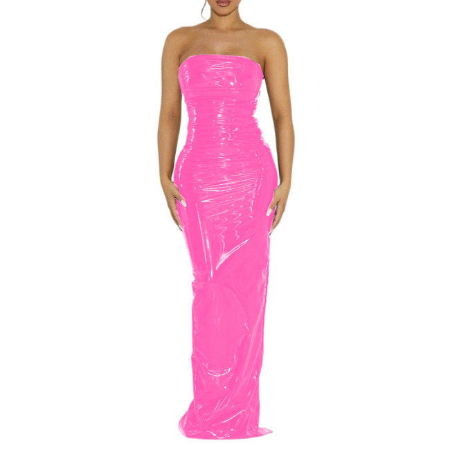 Vintage Sexy Glossy PVC Women Strapless Sleeveless Leotard Bodycon Maxi Dresses Slim Back Split Floor Length Dress Elegant S-7XL