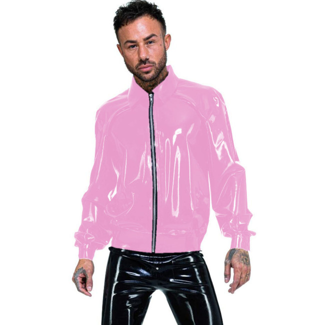 Mens Fashion Zipper Turn-down Collar Jacket Night Club Shiny PVC Long Sleeve Coats Tops Smoothing Faux Leather Jackets Outwear