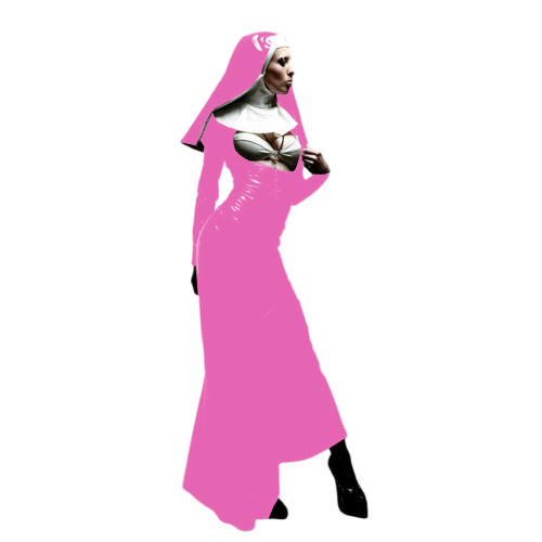 Sexy Cosplay Fetish PVC Naughty Nun Mermaid Dress Wet Look Open Chest Female Long Sleeve Nun Dress with Headscarf for Clubwear