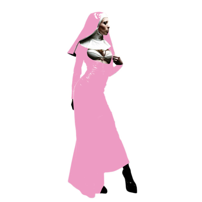 Sexy Cosplay Fetish PVC Naughty Nun Mermaid Dress Wet Look Open Chest Female Long Sleeve Nun Dress with Headscarf for Clubwear
