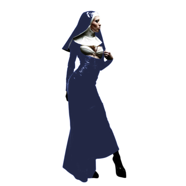 Sexy Cosplay Fetish PVC Naughty Nun Mermaid Dress Wet Look Open Chest Female Long Sleeve Nun Dress with Headscarf for Clubwear