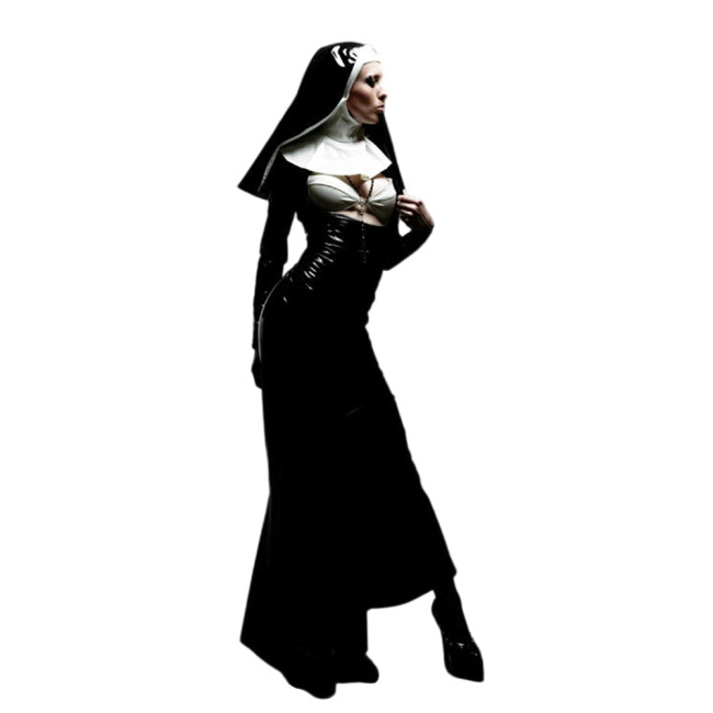 Sexy Cosplay Fetish PVC Naughty Nun Mermaid Dress Wet Look Open Chest Female Long Sleeve Nun Dress with Headscarf for Clubwear