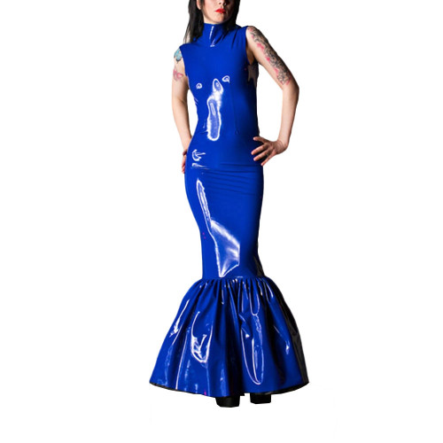 Cocktail Party Bodycon Vinyl Maxi Dress Sexy High Neck Sleeveless PVC Leather Mermaid Dress Sissy Long Hobble Dress Clubwear