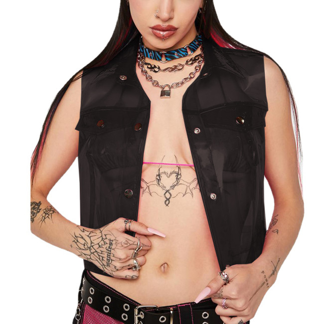 Fetish PVC Transparent Vests Punk Girls Turn-down Collar Tank Night Party Club Sleeveless Blouse Outfits Hip Hop Crop Coats
