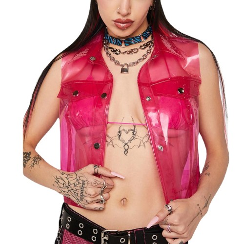 Fetish PVC Transparent Vests Punk Girls Turn-down Collar Tank Night Party Club Sleeveless Blouse Outfits Hip Hop Crop Coats