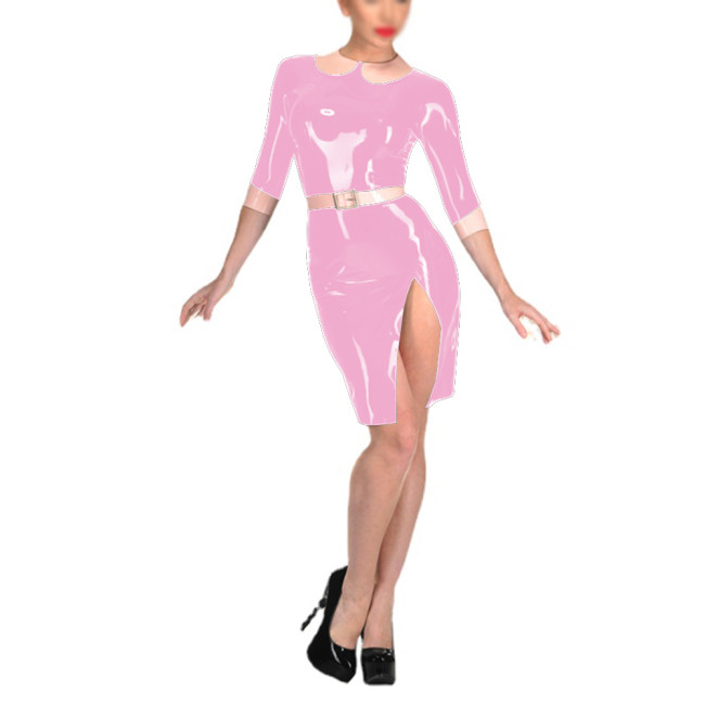 Sexy Split Slit Bodycon Shiny PVC Leather Mini Dress with Belt Elegant Lady Peter Pan Collar Half Sleeve Dress Fetish Clubwear