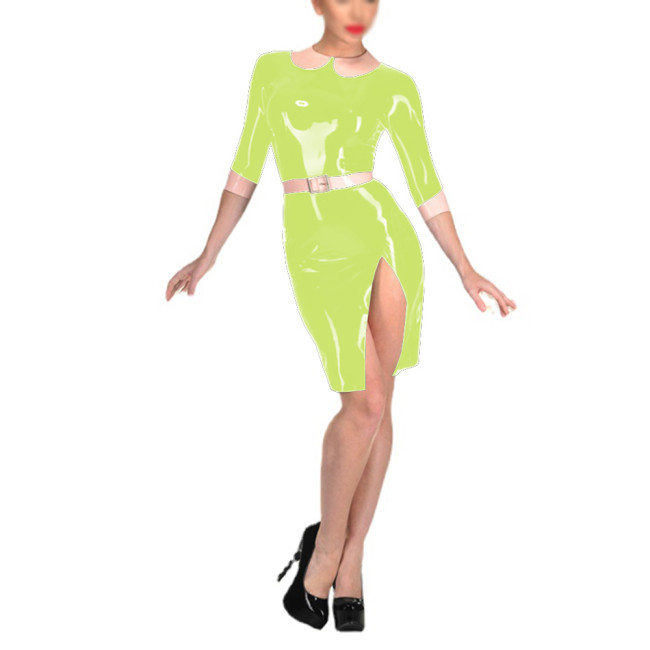 Sexy Split Slit Bodycon Shiny PVC Leather Mini Dress with Belt Elegant Lady Peter Pan Collar Half Sleeve Dress Fetish Clubwear