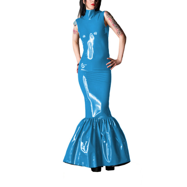 Cocktail Party Bodycon Vinyl Maxi Dress Sexy High Neck Sleeveless PVC Leather Mermaid Dress Sissy Long Hobble Dress Clubwear