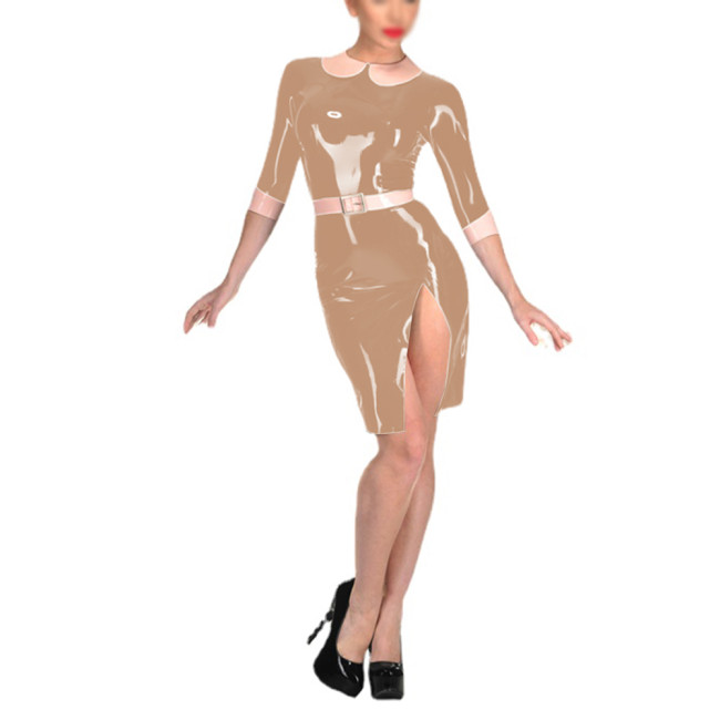 Sexy Split Slit Bodycon Shiny PVC Leather Mini Dress with Belt Elegant Lady Peter Pan Collar Half Sleeve Dress Fetish Clubwear