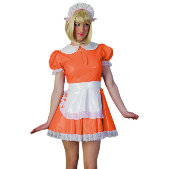 Sexy Sissy Cosplay A-line Dress Glossy PVC Leather Peter Pan Neck Maid Short Sleeve Lace Mini Dress With Apron Uniform Outfits