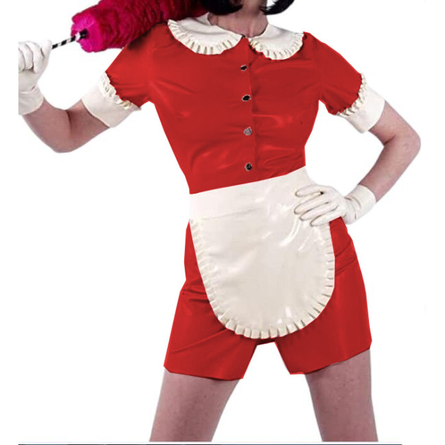 Sissy Doll Collar Mini Dress Shiny PVC Sexy Maid Uniforms Short Sleeve Front Snaps Dress And White Apron Cosplay Costumes S-7XL