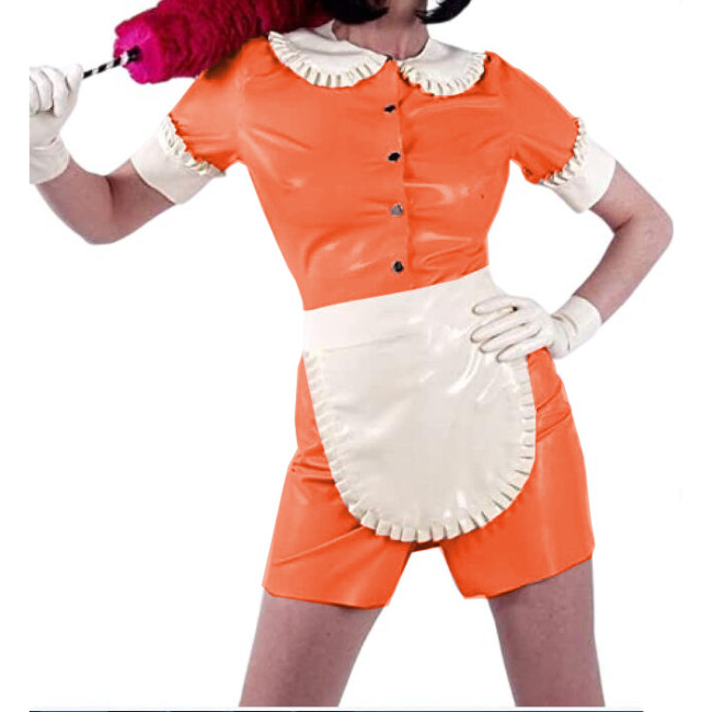 Sissy Doll Collar Mini Dress Shiny PVC Sexy Maid Uniforms Short Sleeve Front Snaps Dress And White Apron Cosplay Costumes S-7XL