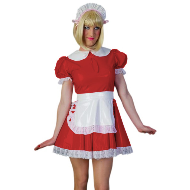 Sexy Sissy Cosplay A-line Dress Glossy PVC Leather Peter Pan Neck Maid Short Sleeve Lace Mini Dress With Apron Uniform Outfits