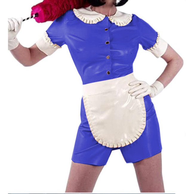 Sissy Doll Collar Mini Dress Shiny PVC Sexy Maid Uniforms Short Sleeve Front Snaps Dress And White Apron Cosplay Costumes S-7XL