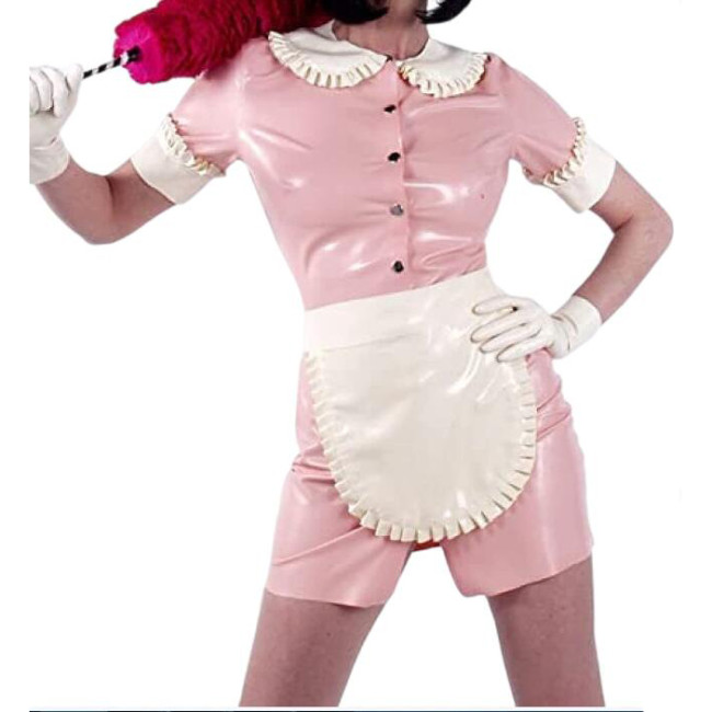 Sissy Doll Collar Mini Dress Shiny PVC Sexy Maid Uniforms Short Sleeve Front Snaps Dress And White Apron Cosplay Costumes S-7XL