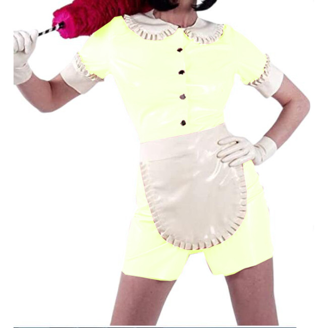 Sissy Doll Collar Mini Dress Shiny PVC Sexy Maid Uniforms Short Sleeve Front Snaps Dress And White Apron Cosplay Costumes S-7XL