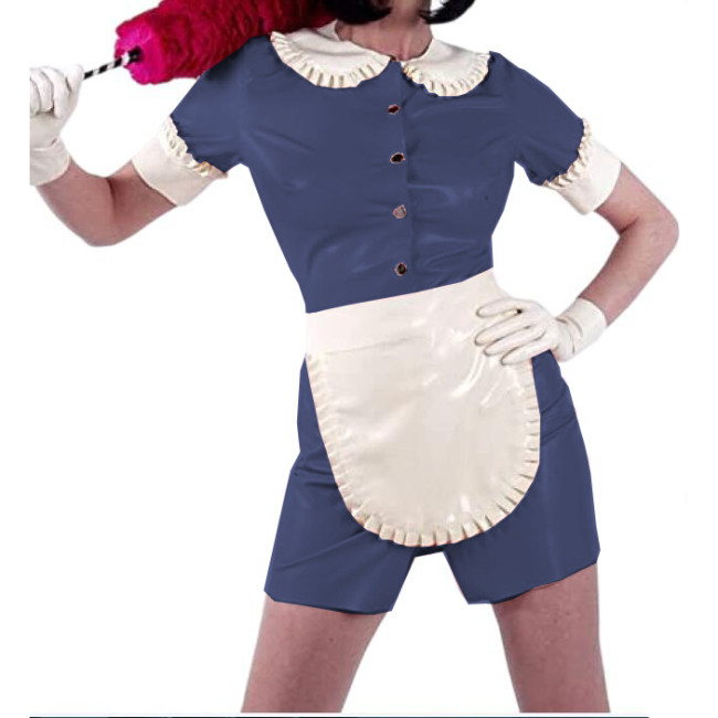 Sissy Doll Collar Mini Dress Shiny PVC Sexy Maid Uniforms Short Sleeve Front Snaps Dress And White Apron Cosplay Costumes S-7XL
