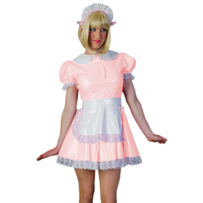 Sexy Sissy Cosplay A-line Dress Glossy PVC Leather Peter Pan Neck Maid Short Sleeve Lace Mini Dress With Apron Uniform Outfits