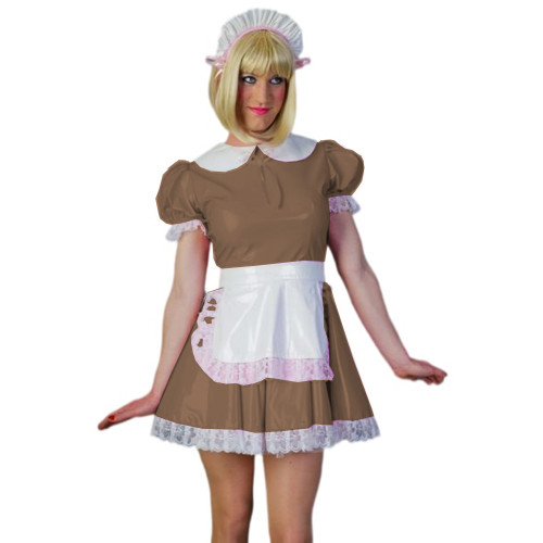 Sexy Sissy Cosplay A-line Dress Glossy PVC Leather Peter Pan Neck Maid Short Sleeve Lace Mini Dress With Apron Uniform Outfits