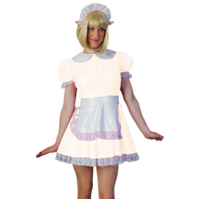 Sexy Sissy Cosplay A-line Dress Glossy PVC Leather Peter Pan Neck Maid Short Sleeve Lace Mini Dress With Apron Uniform Outfits