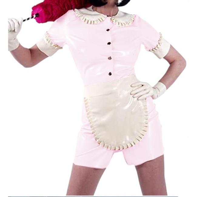Sissy Doll Collar Mini Dress Shiny PVC Sexy Maid Uniforms Short Sleeve Front Snaps Dress And White Apron Cosplay Costumes S-7XL