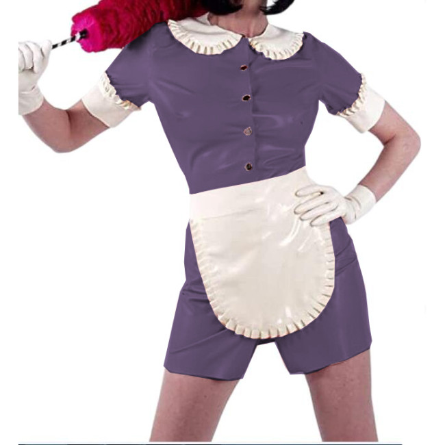 Sissy Doll Collar Mini Dress Shiny PVC Sexy Maid Uniforms Short Sleeve Front Snaps Dress And White Apron Cosplay Costumes S-7XL