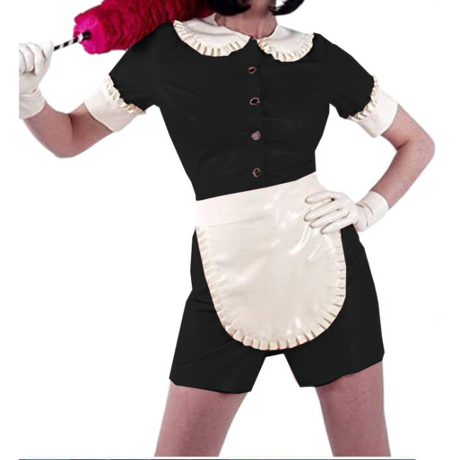 Sissy Doll Collar Mini Dress Shiny PVC Sexy Maid Uniforms Short Sleeve Front Snaps Dress And White Apron Cosplay Costumes S-7XL