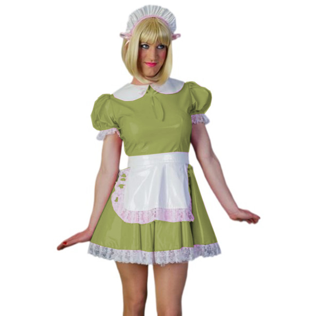 Sexy Sissy Cosplay A-line Dress Glossy PVC Leather Peter Pan Neck Maid Short Sleeve Lace Mini Dress With Apron Uniform Outfits