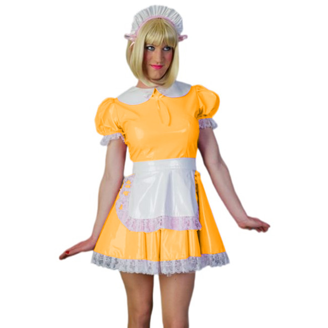 Sexy Sissy Cosplay A-line Dress Glossy PVC Leather Peter Pan Neck Maid Short Sleeve Lace Mini Dress With Apron Uniform Outfits