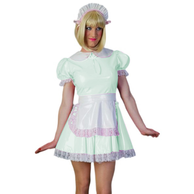 Sexy Sissy Cosplay A-line Dress Glossy PVC Leather Peter Pan Neck Maid Short Sleeve Lace Mini Dress With Apron Uniform Outfits