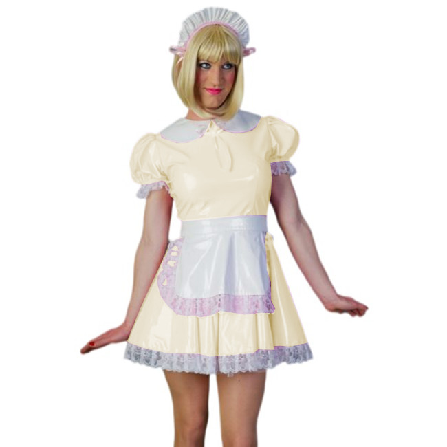 Sexy Sissy Cosplay A-line Dress Glossy PVC Leather Peter Pan Neck Maid Short Sleeve Lace Mini Dress With Apron Uniform Outfits
