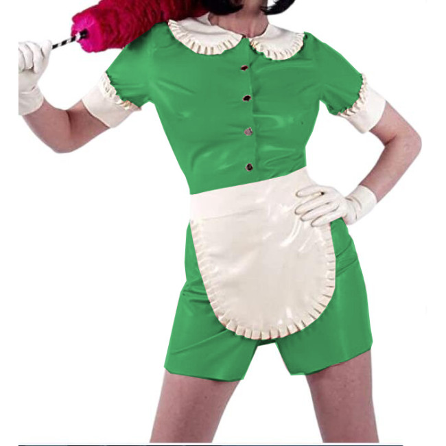 Sissy Doll Collar Mini Dress Shiny PVC Sexy Maid Uniforms Short Sleeve Front Snaps Dress And White Apron Cosplay Costumes S-7XL