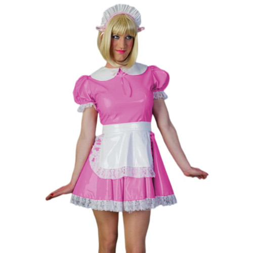 Sexy Sissy Cosplay A-line Dress Glossy PVC Leather Peter Pan Neck Maid Short Sleeve Lace Mini Dress With Apron Uniform Outfits