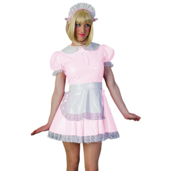 Sexy Sissy Cosplay A-line Dress Glossy PVC Leather Peter Pan Neck Maid Short Sleeve Lace Mini Dress With Apron Uniform Outfits