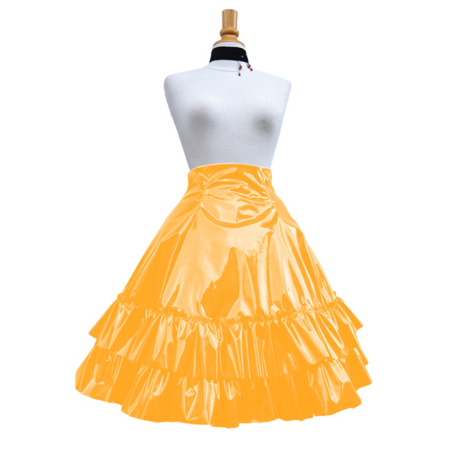Vintage Shiny PVC Leather 2 Tiered Ruffled Skirt Sweet Round-shaped Lolita Long Trumpet Pleated Skirt Cocktail Party Club Skirts