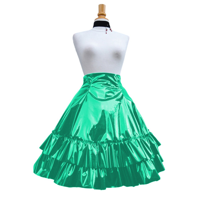 Vintage Shiny PVC Leather 2 Tiered Ruffled Skirt Sweet Round-shaped Lolita Long Trumpet Pleated Skirt Cocktail Party Club Skirts