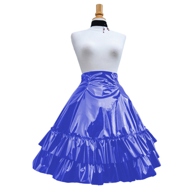 Vintage Shiny PVC Leather 2 Tiered Ruffled Skirt Sweet Round-shaped Lolita Long Trumpet Pleated Skirt Cocktail Party Club Skirts