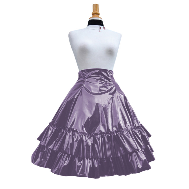 Vintage Shiny PVC Leather 2 Tiered Ruffled Skirt Sweet Round-shaped Lolita Long Trumpet Pleated Skirt Cocktail Party Club Skirts