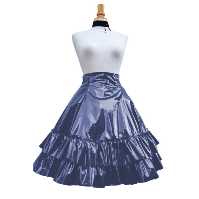 Vintage Shiny PVC Leather 2 Tiered Ruffled Skirt Sweet Round-shaped Lolita Long Trumpet Pleated Skirt Cocktail Party Club Skirts