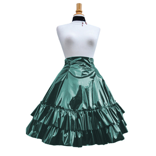 Vintage Shiny PVC Leather 2 Tiered Ruffled Skirt Sweet Round-shaped Lolita Long Trumpet Pleated Skirt Cocktail Party Club Skirts