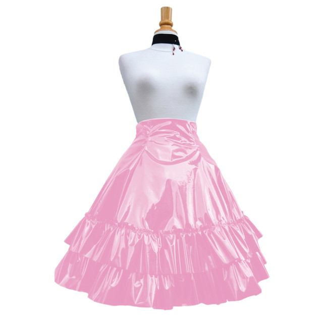 Vintage Shiny PVC Leather 2 Tiered Ruffled Skirt Sweet Round-shaped Lolita Long Trumpet Pleated Skirt Cocktail Party Club Skirts