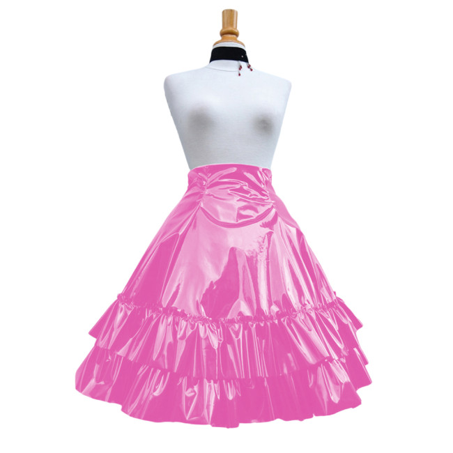 Vintage Shiny PVC Leather 2 Tiered Ruffled Skirt Sweet Round-shaped Lolita Long Trumpet Pleated Skirt Cocktail Party Club Skirts