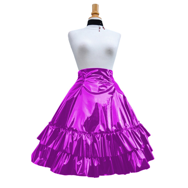 Vintage Shiny PVC Leather 2 Tiered Ruffled Skirt Sweet Round-shaped Lolita Long Trumpet Pleated Skirt Cocktail Party Club Skirts