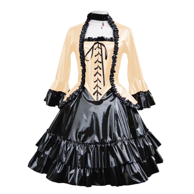 Womens Luxury Shiny PVC Leather Ruffled Court Jackets Vintage Flare Sleeve Swallow-Tailed Coat Renaissance Gown Princess Costume