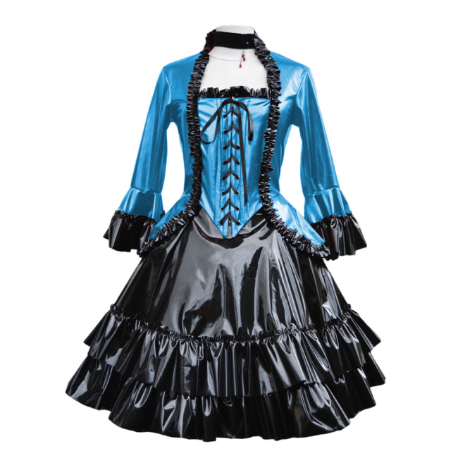 Womens Luxury Shiny PVC Leather Ruffled Court Jackets Vintage Flare Sleeve Swallow-Tailed Coat Renaissance Gown Princess Costume