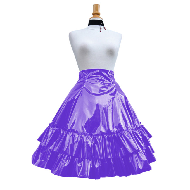 Vintage Shiny PVC Leather 2 Tiered Ruffled Skirt Sweet Round-shaped Lolita Long Trumpet Pleated Skirt Cocktail Party Club Skirts